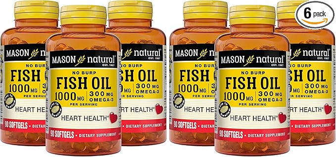 Mason Natural No Burp Fish Oil 1000 mg Omega-3 300 mg - Healthy Heart, Supports Circulatory Function, Improved Cardiovascular Health, 90 Softgels (Pack of 6)