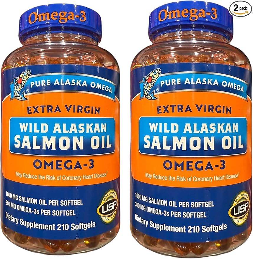 Omega3 Extra Virgin Wild Pure Alaskan's Salmon Oil, 420 Total Softgels, 1000mg, Omega-3 Supplement with DHA & EPA; 2 Packs; Updated Packaging