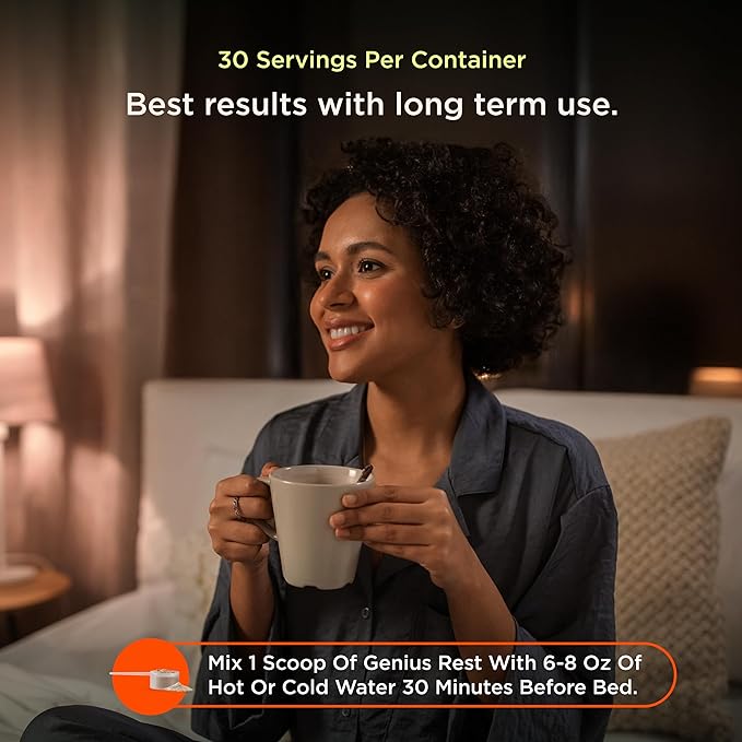 The Genius Brand Genius Rest - Supports Sleep, Relaxation & Brain Health with L-Theanine, GABA, Reishi & More - Melatonin-Free Supplement with L-Theanine & L-Glycine - Lemon Tea, 6 oz (30 Servings)