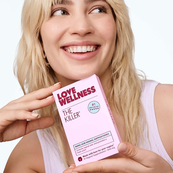 Love Wellness The Killer | 600mg Boric Acid Vaginal Suppositories | Balances pH & Supports Odor Control, a Healthy Vaginal Balance | Fast-Acting & Fragrance-Free | Gentle & Effective | 28 Ct