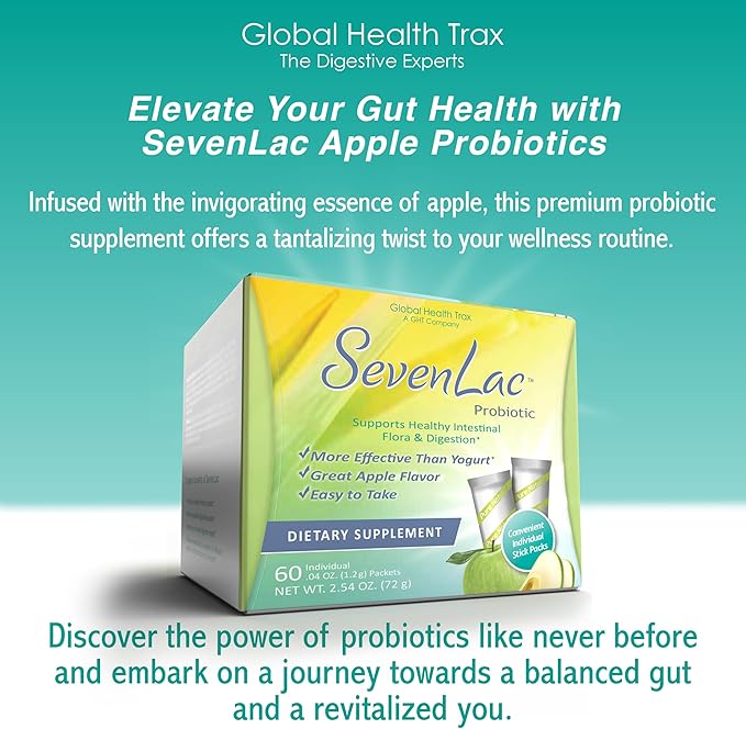 Global Health Trax SevenLac Apple Probiotic Powder Drink Mix, Probiotics for Women, Men, and Kids – Smooth Digestive Support - Relieves Constipation and Gas – 60 Packets, 2.54 Oz, Non-GMO, Gluten-Free