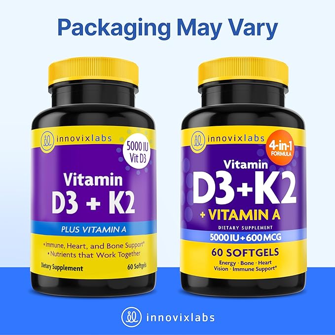 InnovixLabs Vitamin D3 K2-5000 IU Vitamin D3 Plus 600 mcg Vitamin K2 MK4 and MK7 for Max Calcium Absorption, Supports Bone, Immune, Heart Health, 3rd Party Tested, Gluten Free, 60 Softgels (Pack of 2)
