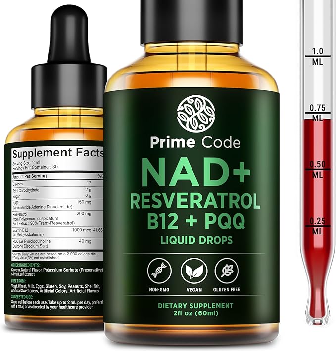 Prime Code NAD+ Liquid Drops with Resveratrol, Vitamin B12 & PQQ – Advanced Cellular Energy & Antioxidant Support – Vegan, Non-GMO, Gluten Free – Fast Absorption Supplement for Men & Women, 2 fl oz