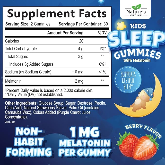 Kids Melatonin Gummies - 2mg Melatonin Per Serving - Best Children's Melatonin Gummy for Restful Sleep - Kids Chewable Sleep Supplement - Natural Tasty Berry Flavor - Non-GMO Vegan - 60 Gummies