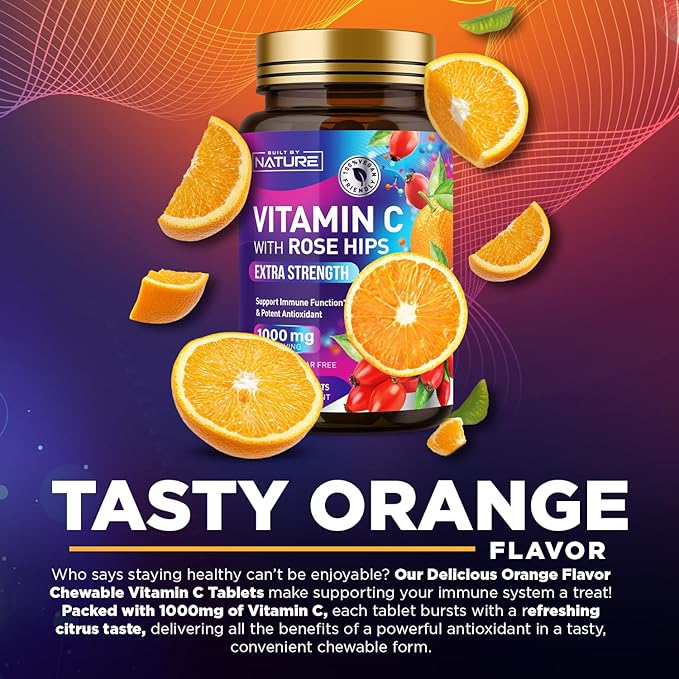Built by Nature Chewable Vitamin C with Rose HIPS - 1000mg Immune Support Supplement - Non-GMO, Gluten-Free, Vegan - Powerful Antioxidant for Energy & Collagen Boost - Orange Flavor – 120 Tablets