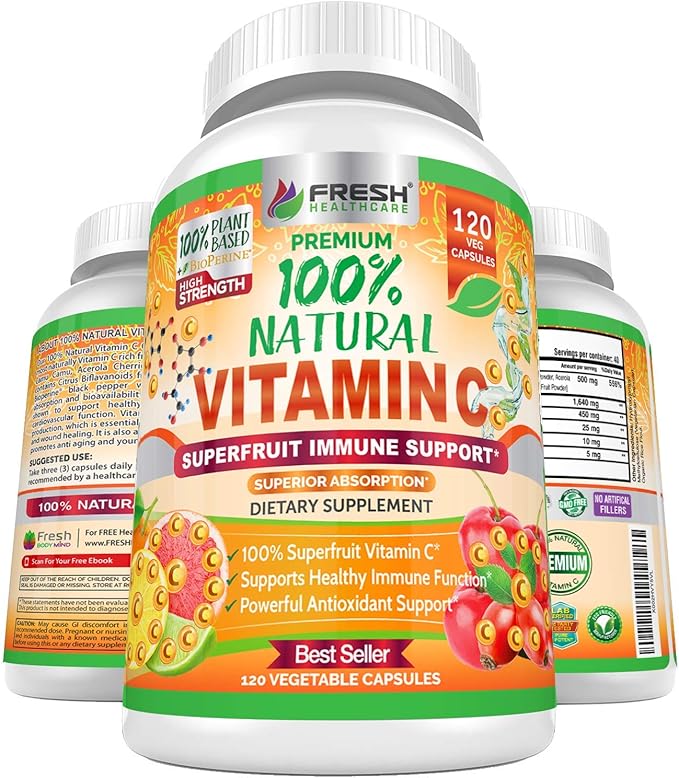 Fresh Healthcare Whole Food Vitamin C 500mg - Natural Supplement from Rose Hips, Acerola Cherry & Camu Camu - with Citrus Bioflavonoids for Immune Support - 120 Vegan Capsules