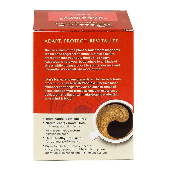 Teeccino Caffeine-Free Mushroom Adaptogenic Herbal Tea - Lion’s Mane Rhodiola Tea - Rose, 3x More Herbs than Regular Teas, Lightly Sweet from Dates & Figs, Chicory Prebiotic - 10 Tea Bags