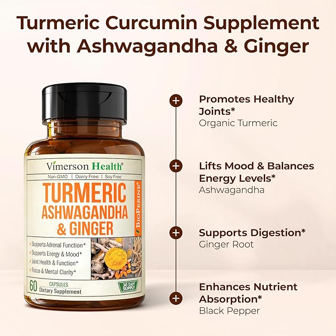 Ashwagandha Organic Turmeric Curcumin Supplement with Ginger Root & Black Pepper – Joint Health, Energy & Immune Support – Antioxidant Blend with 95% Curcuminoids – 2 Pack