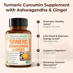 Ashwagandha Organic Turmeric Curcumin Supplement with Ginger Root & Black Pepper – Joint Health, Energy & Immune Support – Antioxidant Blend with 95% Curcuminoids – 60 Capsules
