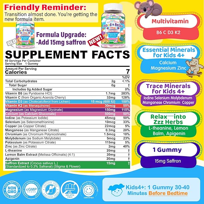 Kids 4+ Magnesium + Saffron Sleep Gummies, Relax Happy Filled Gummy, Bedtime Calcium Zinc, Mineral + Multivitamin Gummies, Melatonin Free | Vitamin D3 K2 | Bone, Only Need 1 Gummy - Sweet Dream Magic