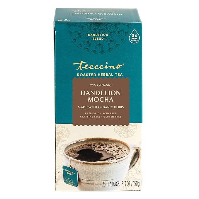 Teeccino Dandelion Herbal Tea - Mocha - 25 Tea Bags - Caffeine Free, Prebiotic, Gluten Free, 3x More Herbs