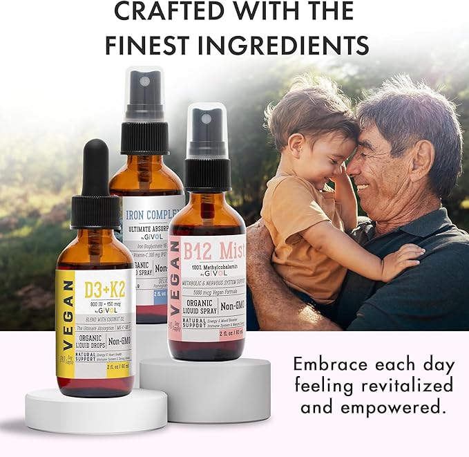 Energy & Vitality Bundle Liquid Vitamin Spray Trio - B12 Methylcobalamin, Iron Bisglycinate, and D3 (Lichen) & K2 (MK4 & MK7), Non-GMO, Gluten Free, Sugar-Free, 2 Fl Oz (60 ml) 540 Days Supply