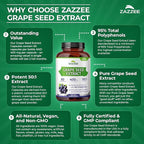 Zazzee High Strength Grape Seed 50:1 Extract, 60 Vegan Capsules, 95% Polyphenols, 400 mg per Capsule, 2 Month Supply, Antioxidant, Circulation & Blood Flow Support, Non-GMO, Made in the USA