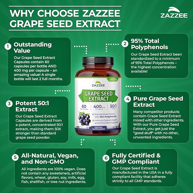 Zazzee High Strength Grape Seed 50:1 Extract, 60 Vegan Capsules, 95% Polyphenols, 400 mg per Capsule, 2 Month Supply, Antioxidant, Circulation & Blood Flow Support, Non-GMO, Made in the USA
