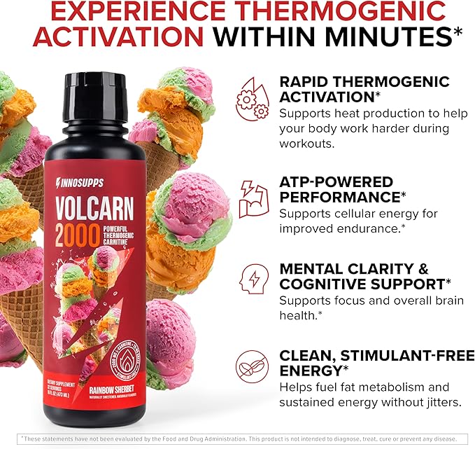 InnoSupps Volcarn 2000 - L-CARNITINE Advanced Energy Liquid | ATP Enhancer with GBEEC | Boosts Energy, Enhances Focus, Caffeine Free, No Artificial Sweeteners | 32 Servings (Rainbow Sherbet)