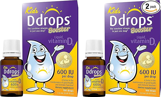 Ddrops Kids Booster 600IU 100 Drops - Daily Liquid Vitamin D for Kids. Support Strong Bones & Immune System in Children. No Preservatives, No Sugar, Non-GMO, Allergy-Friendly (Pack of 2)