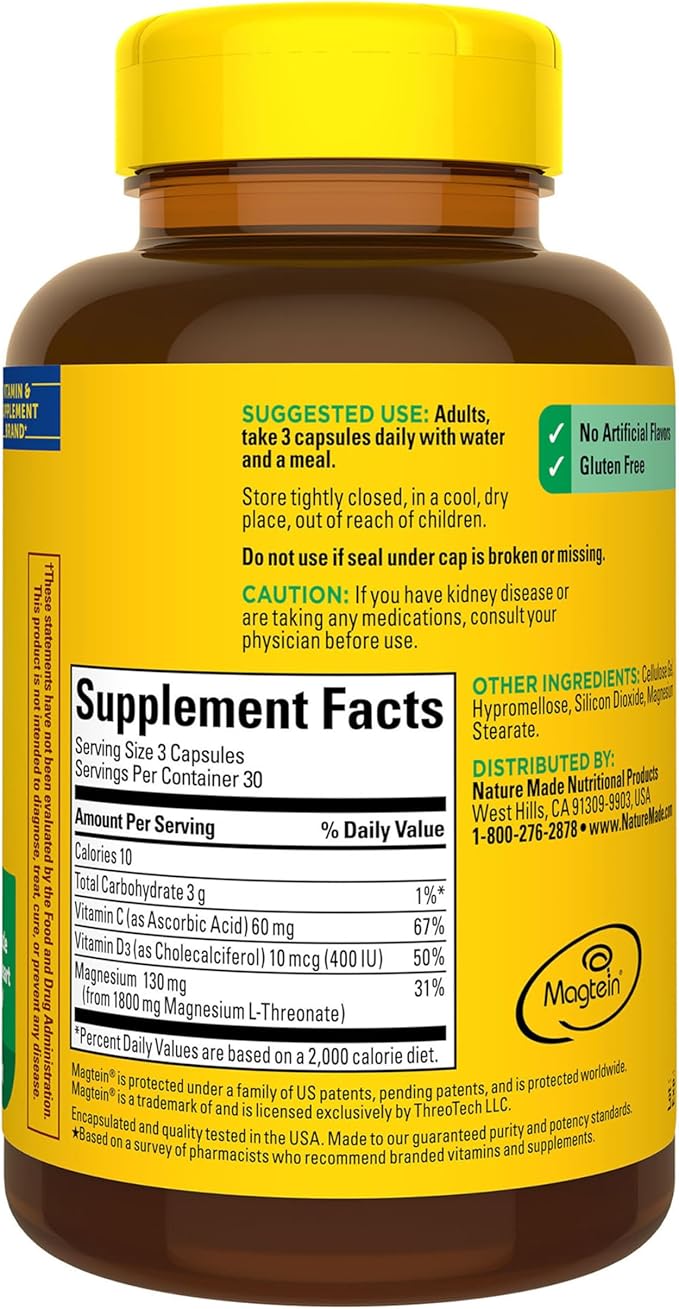 Nature Made Magnesium L-Threonate with Vitamin C & Vitamin D3, Provides 130 mg of Mag from 1800 mg Magnesium L Threonate, Cognitive Support Magnesium Supplement, 90 Capsules, 30 Day Supply