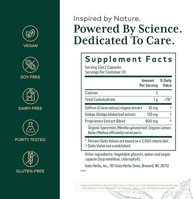 GAIA HERBS PRO Nootropic Focus - Brain Health Support Supplement* - Nootropic Supplement with Saffron, Ginkgo Leaf Extract & Lemon Balm - Vegan, Gluten-Free - 40 Liquid Phyto-Caps (20 Servings)