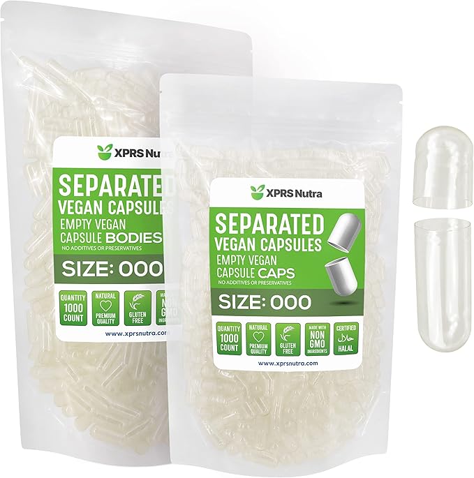 XPRS Nutra Vegan Size 000 Separated Capsules- 1000 Count Premium Empty Caps Separated in Bags - Clear Empty Capsules - 000 Pills for DIY Supplement Filling