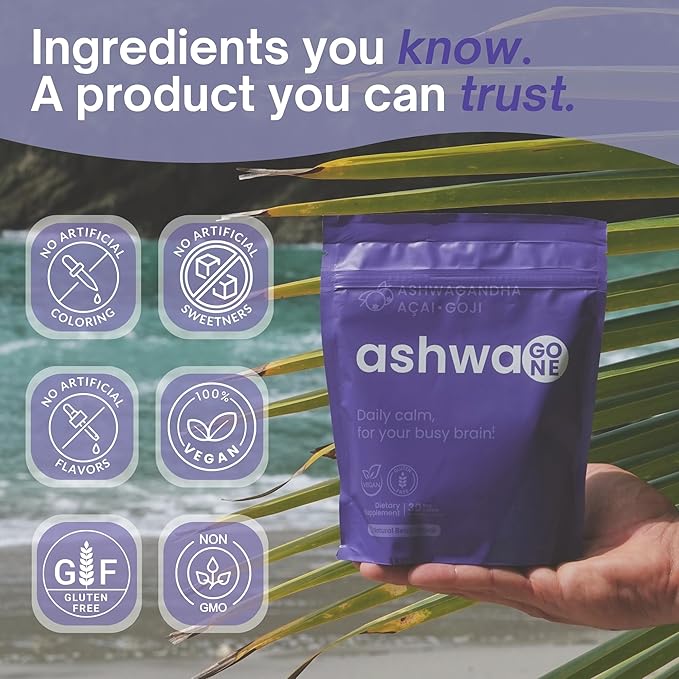 Ashwagone KSM-66 Ashwagandha Powder Drink Mix – Daily Calm & Focus Support – With Magnesium Glycinate, L-Theanine, GABA, Lemon Balm, Acai & Goji Berry – Vegan Supplement – 30 Servings
