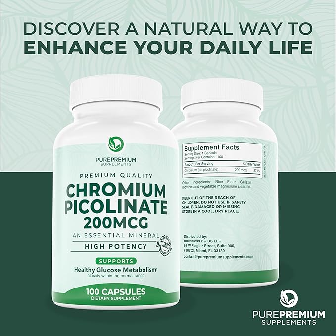 PurePremium Chromium Picolinate 200mcg - High Potency Chromium Supplements - Essential Mineral Health Support for Men/Women - Gluten-Free - 3 Months Supply - 100 Capsules