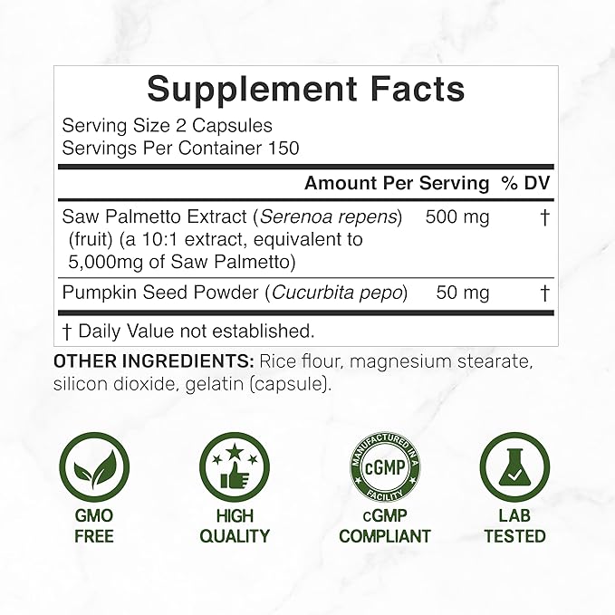 Saw Palmetto Supplement with Pumpkin Seed, 300 Capsules | Promotes Prostate Health | DHT Blocker | Hair Growth Vitamins, Maintain Normal Urinary Frequency