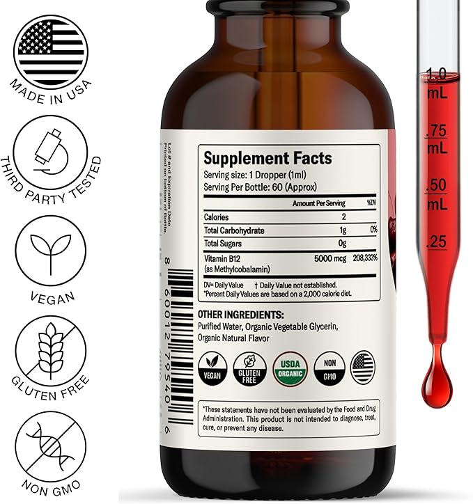 Nursh+ Boost Sublingual Vitamin B12 Liquid Drops – Extra Strength 5000 mcg Methylcobalamin for Energy Boost & Daily Wellness, Fast Absorbing, USDA Certified Organic & Vegan, 2 fl oz