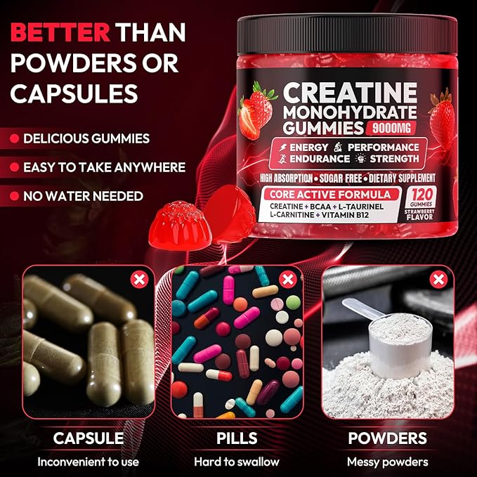 Creatine Gummies Monohydrate Complex 9000MG, Chewable Creatine Monohydrate Gummies for Men & Women with L-Taurine, BCAA 2:1, B12/6, Building Muscle Strength and Boost Focus, 30 Days Supply
