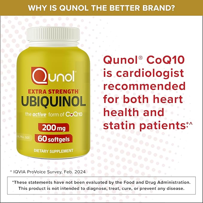 Qunol 200mg Ubiquinol, Powerful Antioxidant for Heart and Vascular Health, Essential for energy production, Natural Supplement Active Form of CoQ10, 60 Count