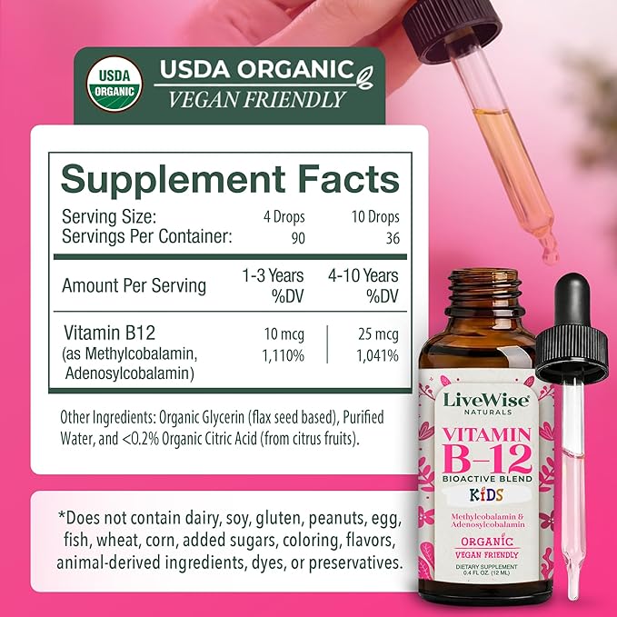 Organic Vitamin B12 Liquid Drops for Kids – Bioactive Blend with Methylcobalamin & Adenosylcobalamin - Vegan, Non-GMO, USDA Organic, 3 Months Supply, 0.4 FL OZ