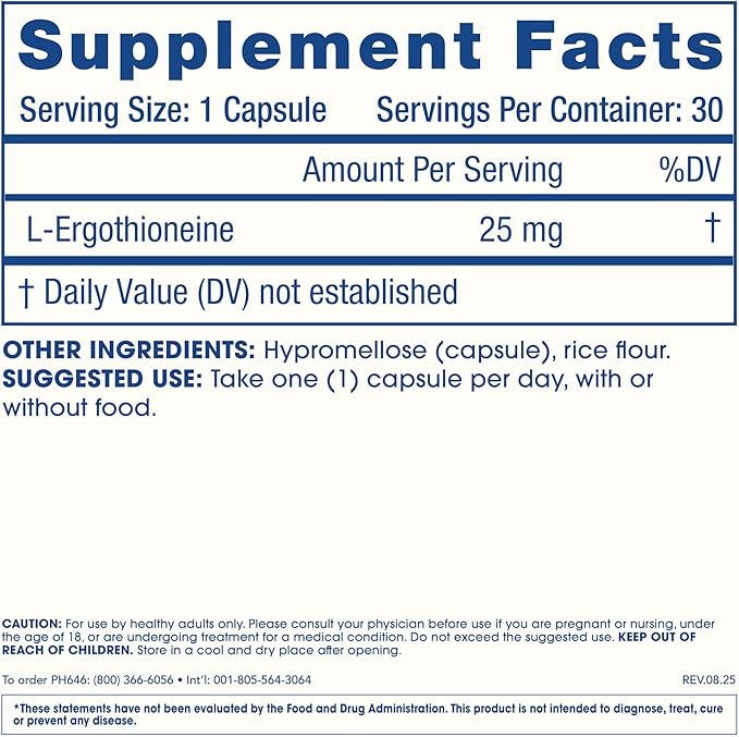 ProHealth Ergothioneine 5X Strength. 25mg Clinical Research Dose. Natural Amino Acid Mushroom Supplement for Improved Cognition, Heart Health. Essential Longevity Vitamin. 25 mg/Serving, 30 Servings