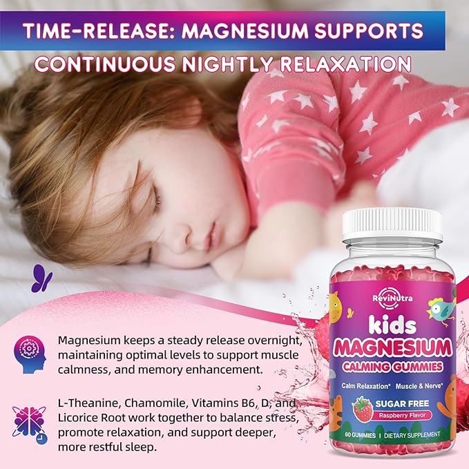 2 Pack Kids Magnesium Gummies, Magnesium Glycinate Gummies for Kids & Adults with L-Theanine, Chamomile, Vitamin D, B6 for Sleep, Relaxation, Brain & Muscle, Sugar Free Raspberry