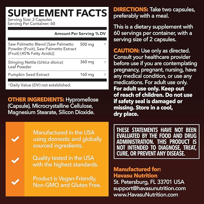 Saw Palmetto Supplement with Stinging Nettle and Pumpkin Seed Extract - Advanced 3X Formula - DHT Blocker Urinary Health and Prostate Support for Mens Health - Vegan, Non-GMO Capsules - 2 Month Supply