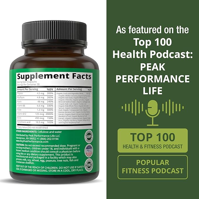 Vitamin B Complex Capsules + Whole Food Blend of 25 Vegetables and Fruits for Max Absorption. Best Vegan B-Complex Supplement with Vitamin B1, B2, B3, B5, B6, B7, B9 and B12. 90 Capsules. Energy Boost