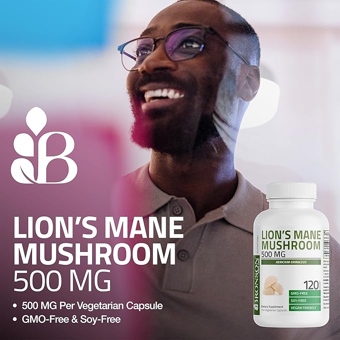Bronson Lion's Mane Mushroom 500mg Hericium Erinaceus Non-GMO, 120 Vegetarian Capsules