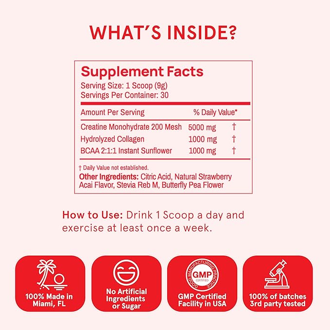 Peach Perfect Creatine for Women – Micronized Creatine Monohydrate Powder with BCAA & Collagen for Glute Strength Support, Boost Energy, Focus, Strength, and Endurance – Strawberry Acai, 30 Servings