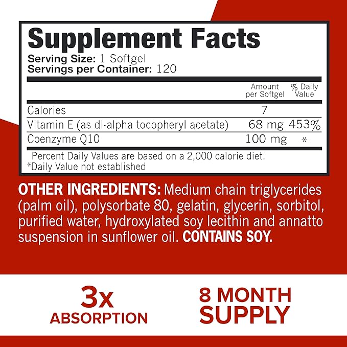 Qunol Ultra CoQ10 100mg, 3x Better Absorption, Patented Water and Fat Soluble Natural Supplement Form of Coenzyme Q10, Antioxidant for Heart Health, 240 Count Softgels