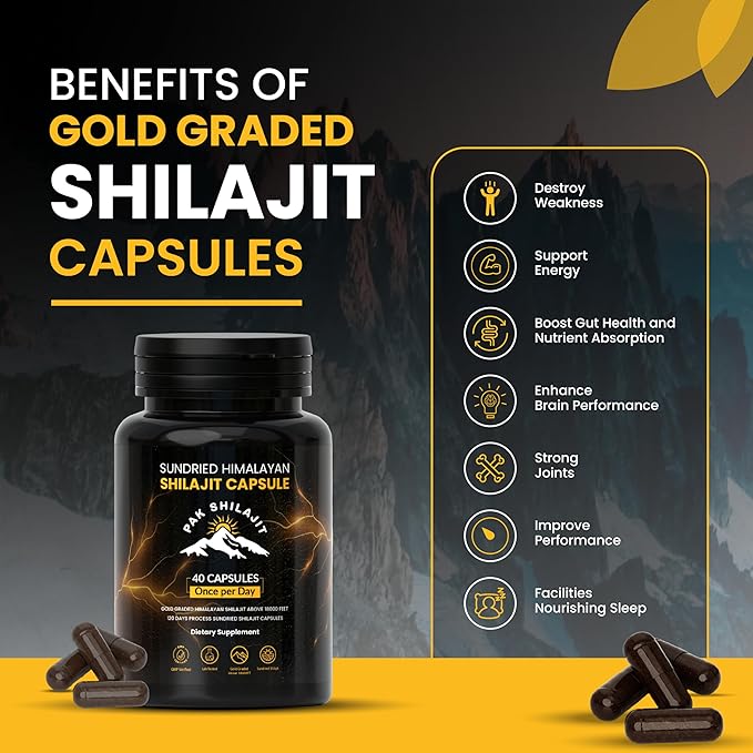 120 Days Naturally Sun-Cured Himalayan Shilajit Capsules | Gold Grade Above 18,000 FT | Organic | 85+ Natural Minerals | Rich in Fulvic & Humic Acid | Men & Women | 40 Capsules