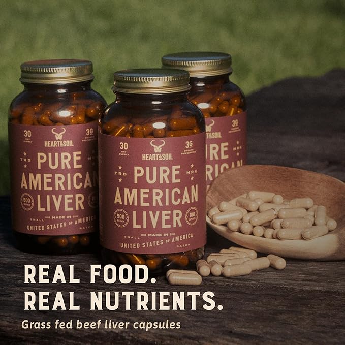 HEART & SOIL 100% Grass Fed & Finished Pure American Beef Liver Supplement from Pasture-Raised Cattle – Beef Liver Capsules – Nature’s Ultimate Superfood – Made in USA – Glass Bottle – 180 Capsules