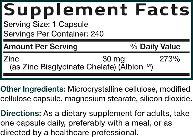 Bronson Zinc Glycinate 30mg Chelated Superior Absorption 100% Chelated Formula Non-GMO, 240 Vegetarian Capsules