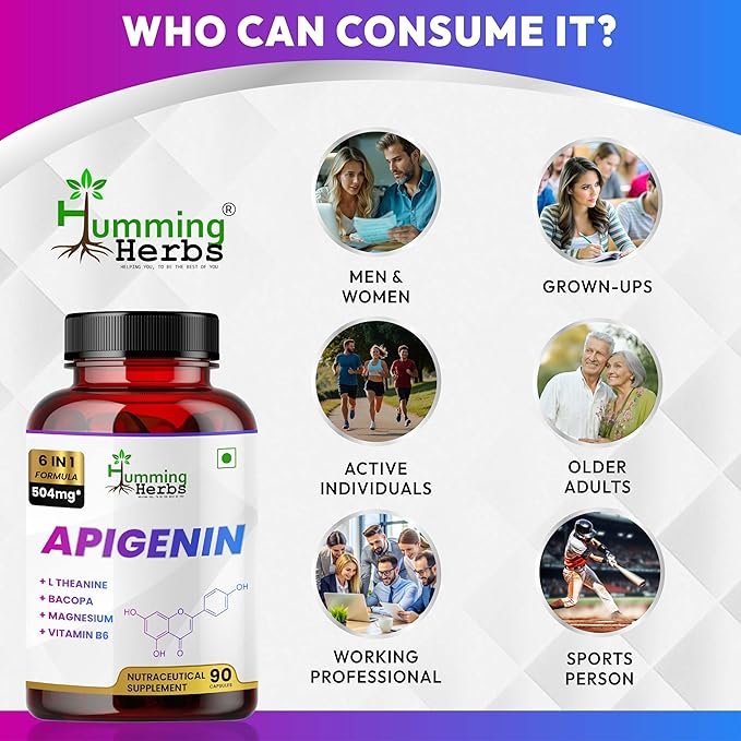 Humming Herbs Apigenin 504mg 6-in-1 Brain & Wellness Supplement with L-Theanine, Bacopa, Magnesium, Vitamin B6, Piper Nigrum – 90 Vegan Capsules