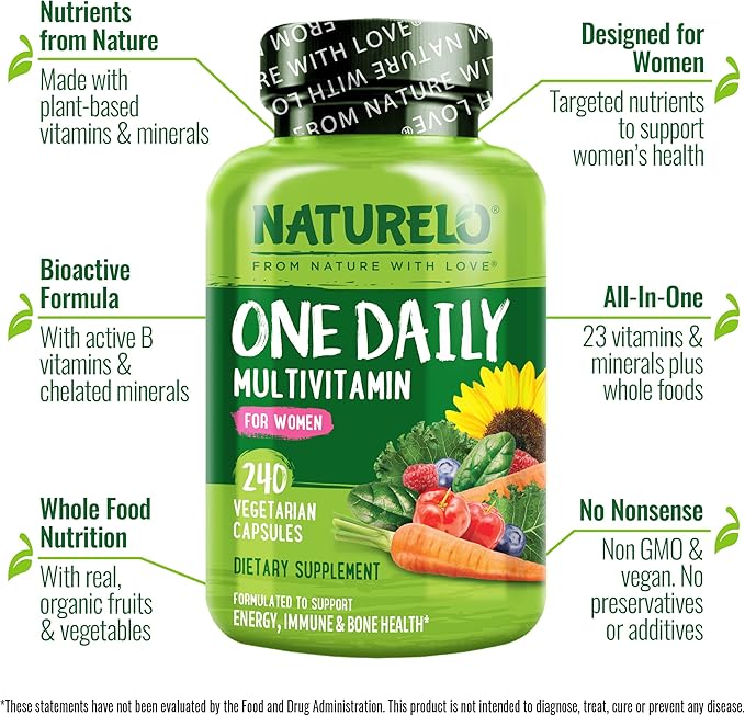 NATURELO One Daily Multivitamin for Women w/Vitamin B12, 240 Ct, Energy Support, Whole Food Daily Women Multivitamin Supplement, Nourish Hair/Skin/Nail, Non-GMO, No Soy, Gluten Free, 8 Month Supply