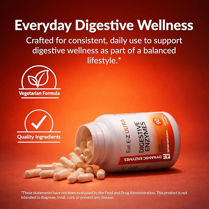 Eat E-Z Ultra Advanced Digestive Enzyme Supplement – Broad-Spectrum Multi-Enzyme Formula for Heavier & Harder-to-Digest Meals – Supports Occasional Bloating, Gas & Indigestion – 90 Vegetarian Capsules