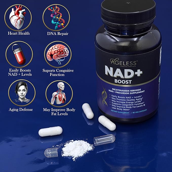 Ageless NAD+ Supplements for Women & Men | 300mg Nicotinamide Riboside Chloride | Dietary Supplement for Anti-Aging | Supports Energy, Focus, Stamina, Fat Metabolism & Cognitive Function – 90 Capsules