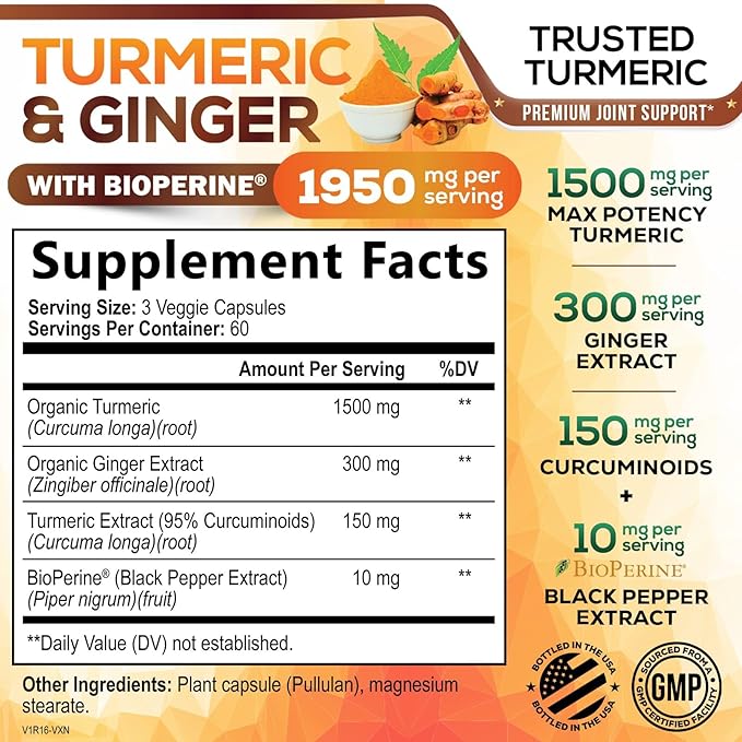 Turmeric Curcumin Supplement - 95% Curcuminoids with Organic Turmeric & Ginger, BioPerine Black Pepper Extract for Best Absorption, Natural Vegan Joint Support, Non-GMO, Bottled in USA - 180 Capsules