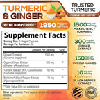 Turmeric Curcumin Supplement - 95% Curcuminoids with Organic Turmeric & Ginger, BioPerine Black Pepper Extract for Best Absorption, Natural Vegan Joint Support, Non-GMO, Bottled in USA - 180 Capsules