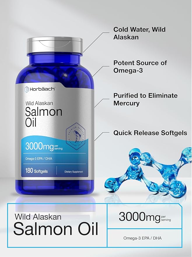 Horbäach Wild Alaskan Salmon Fish Oil | 180 Softgel Capsules | Gluten Free, Non-GMO | High Potency | Excellent Source of Omega-3 Fatty Acids EPA and DHA