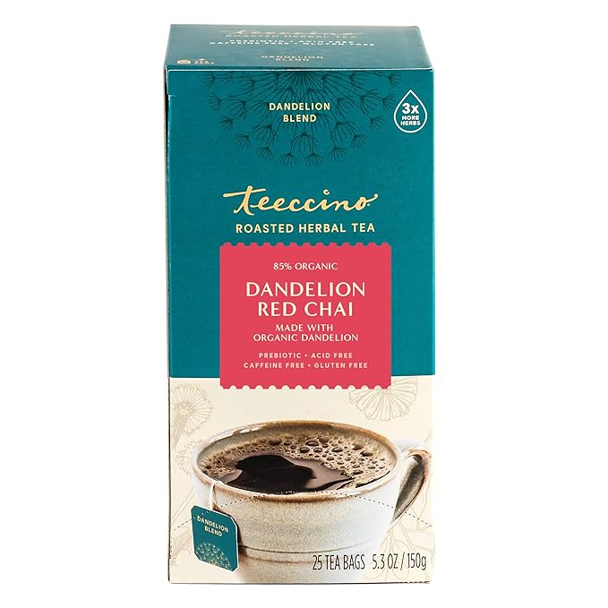 Teeccino Dandelion Red Chai Tea - 25 Tea Bags - Caffeine-Free, Roasted Herbal Tea with Prebiotics, 3x More Herbs than Regular Tea Bags, Gluten Free, (Pack of 3)