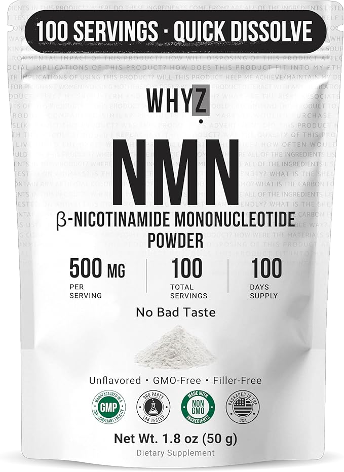 Pure NMN Powder Nicotinamide Mononucleotide Quick Dissolved NMN Supplement Powder 100% Unflavored NMN Supplement Supports NAD+ Levels Vegan Friendly Non-GMO, 50g