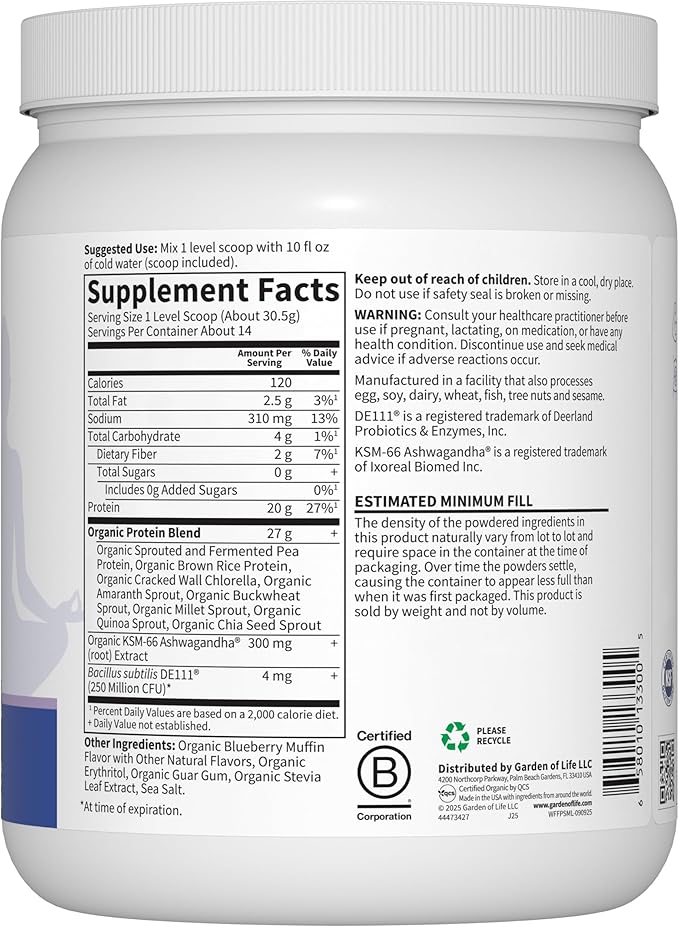Garden of Life - Functional Protein Stress Relief - 20g Organic Sprouted & Fermented Protein Blend - Blueberry Muffin, Mood Blend for Stress Management, Ashwagandha KSM-66, Vegan - About 14 Servings